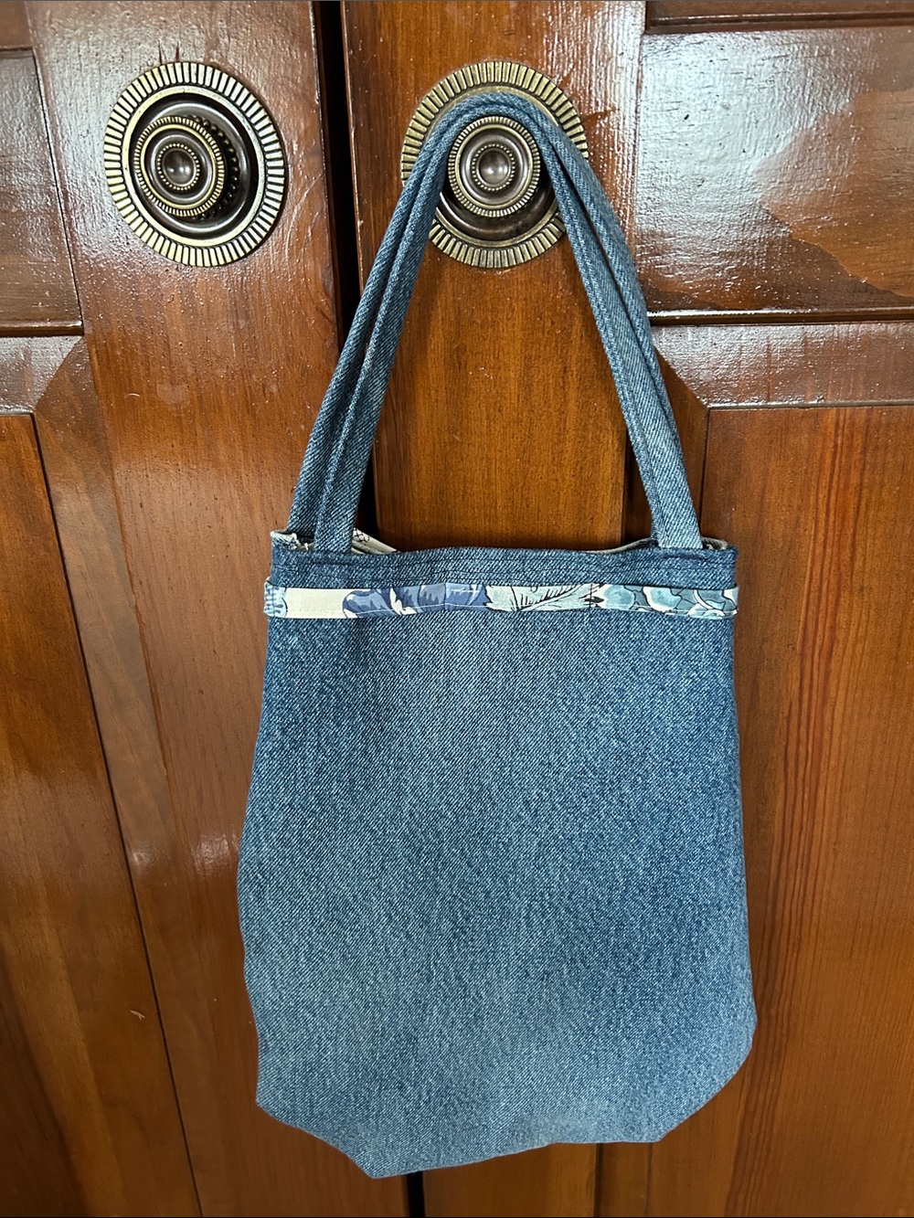 Denim Bag with Floral Accent - Blue - Picture 2 of 4